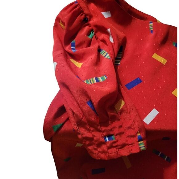 Vintage jaymee papelle Red Confetti Puffed Sleeve Polyester Blouse SZ 10 - Picture 5 of 6